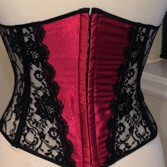 Vtg. 90's Shirley Red Satin & Black Lace Underbust Corset - Small - Picture 3 of 13